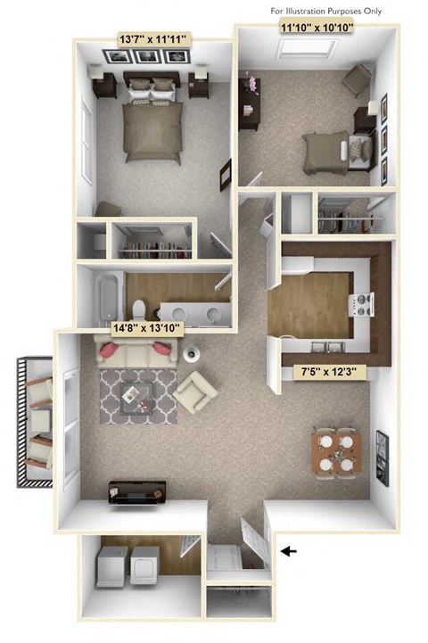 Floor plan for 2 beds, 1 bath, 1117 sqft